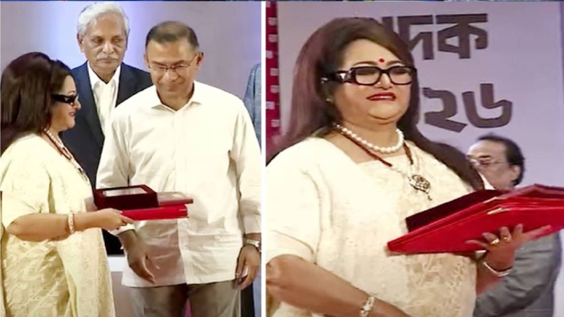 অভিনেত্রী ফরিদা আক্তার ববিতার হাতে পদক তুলে দিয়েছেন প্রধানমন্ত্রী তারেক রহমান। সংগৃহীত ছবি