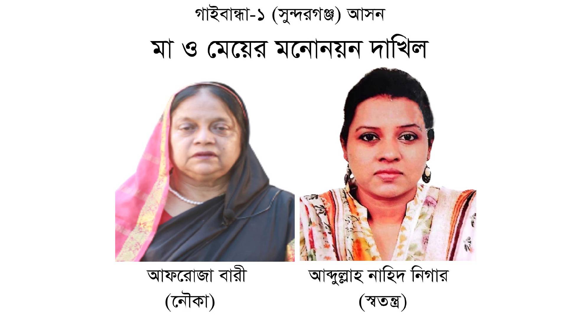 গাইবান্ধা-১ (সুন্দরগঞ্জ) আসন মা (নৌকা) ও মেয়ে (স্বতন্ত্র) হিসেবে মনোনয়ন জমা