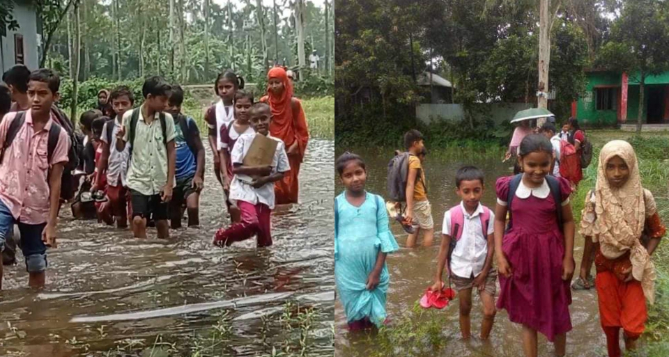 রাস্তা নেই স্কুলের, পানি ভেঙ্গে ঝুঁকিতে শিশু শিক্ষার্থীরা